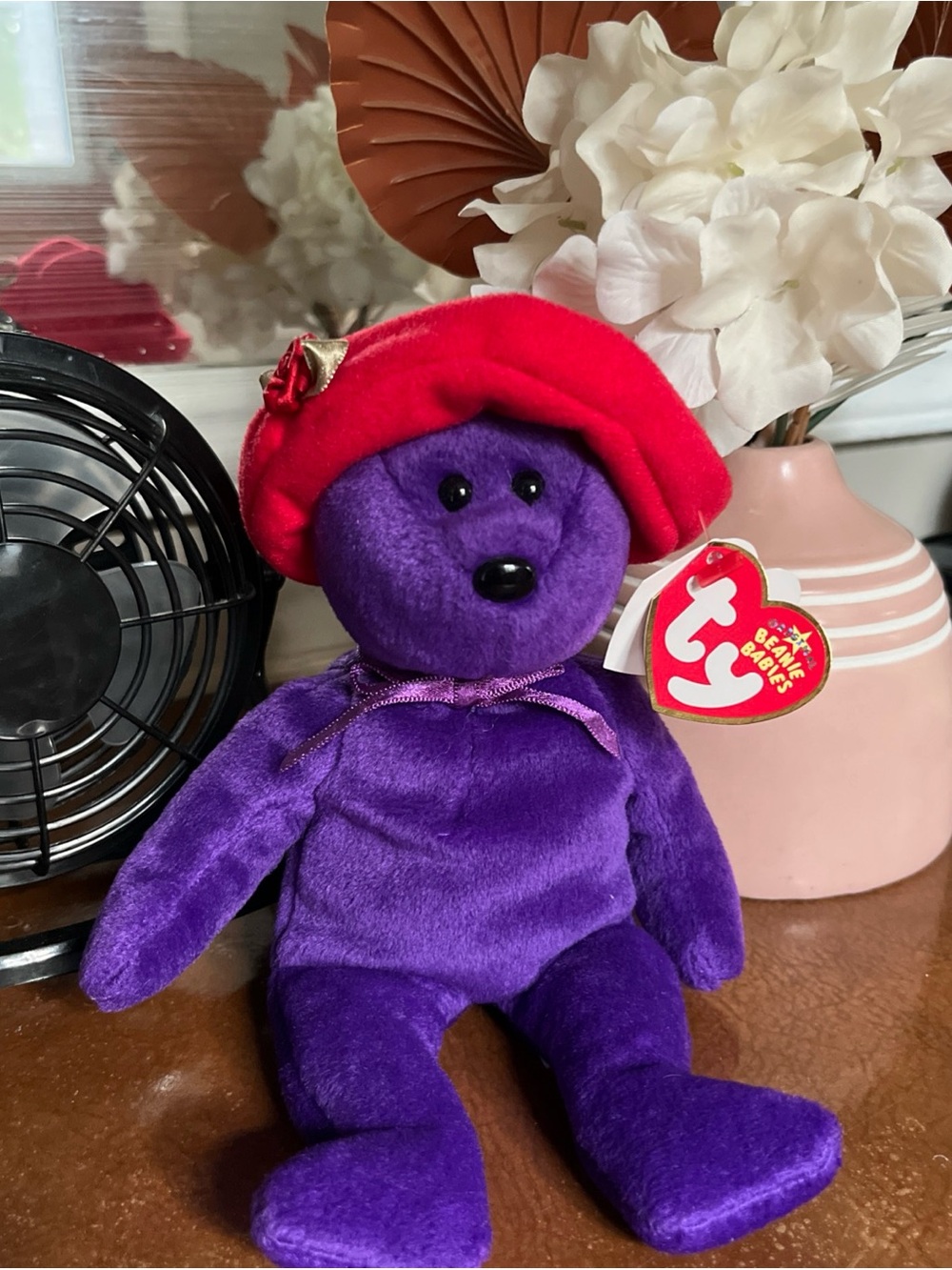 TY Retired Ruby Purple Bear Plush with Red Hat and Bow